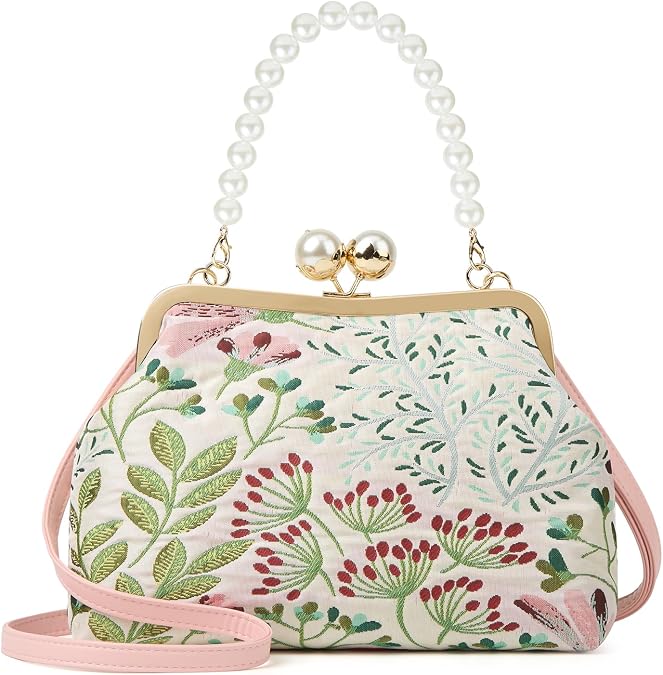 Vintage Embroidered Flower Handbag Retro Pearl Chain Crossbody Bag Clutch Kiss Lock Top Handle Shoulder Purse Wallet 2025