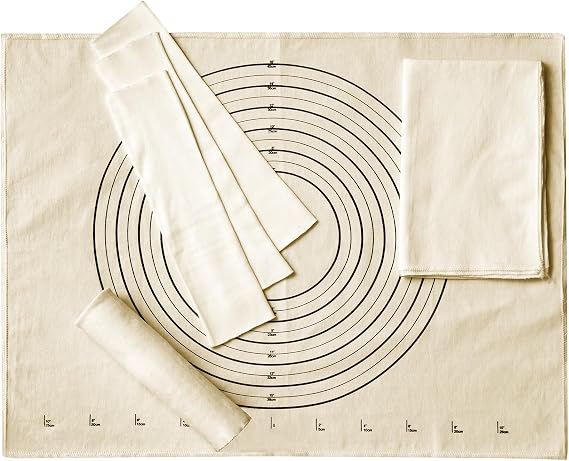 6 Pcs Pastry Cloth and Rolling Pin Cover Set, 25 x 20 in Cotton Mat | Cotton Dough Rolling Mat, 4 Sleeves Included, Non-Stick Surface, Pie Bread Baking, Reusable Pastry Mat Set