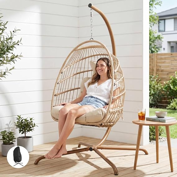 BULEXYARD Indoor Egg Swing Chair with Stand and Cover, 350 Lbs Heavy-Duty Rattan Wicker Hanging Hammock with Cozy Cushion, Eggshell Basket Seat for Outdoor Patio Balcony Garden Bedroom, Beige
