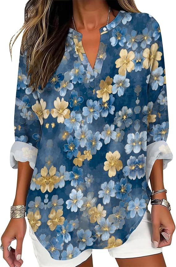 Long Sleeve Tops for Women 2025 Spring Summer Fashion V Neck Shirts Ladies Casual Fall Blouses Boho Floral Tees