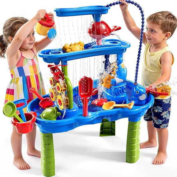 Water Table for Toddlers 1-3 3-5, 3-Tier Water Table for Kids with Water Pump, Water and Sand Sensory Table Beach Outdoor Toys for Kids Toddlers Age 3 4 5 6 7 8 Boys Girls