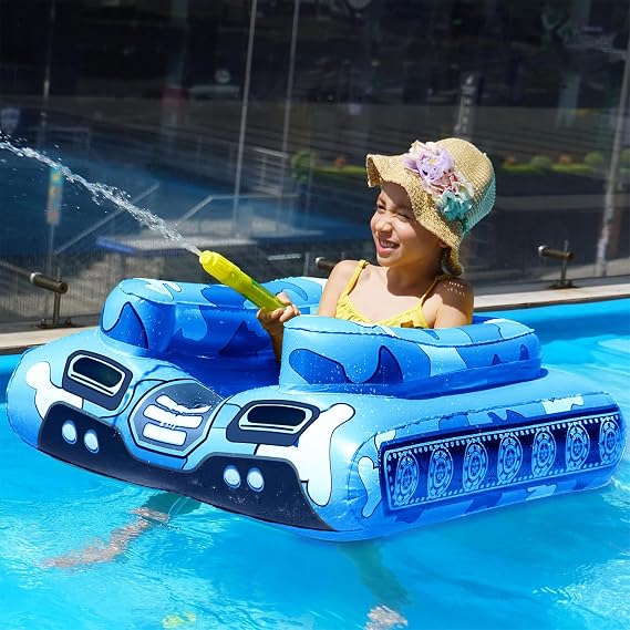 Tank Pool Floats Kids Adults - Jasonwell Inflatable Pool Floaties Swimming Pool Tank with Water Cannon Gun Swim Floaty Rafts Lake Beach Party Pool Toys for Boys Girls Toddlers Kids (Blue, M)