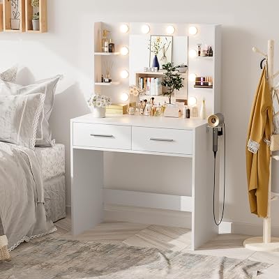 JUMMICO Makeup Vanity Desk with Mirror and Lights Power Outlet, Vanity Table Makeup Desk 2 Drawers, 6 Storage Shelves Hairdryer Holder & Bench Dressing Table for Bedroom White, No Bench