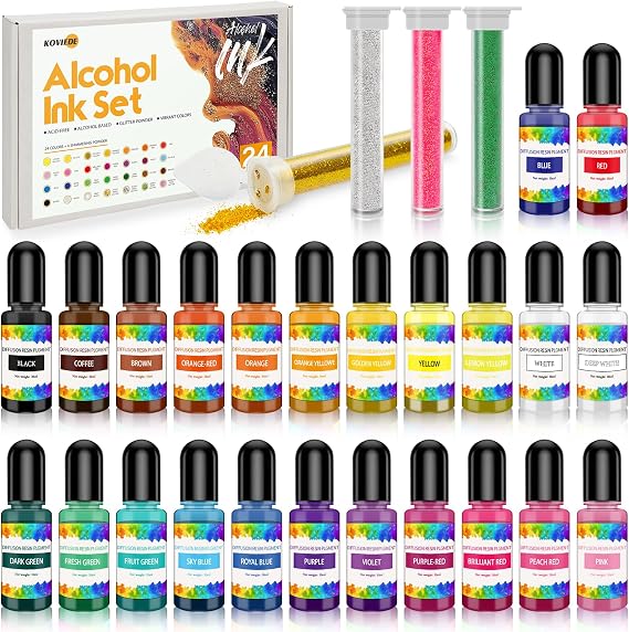 28pcs Alcohol Ink Set, 24 Vibrant Colors Concentrated Alcohol Inks for Resin Art, Epoxy Resin, Tumbler Making, Petri Dish Making, 10ml/0.35oz, with 4 Resin Glitters