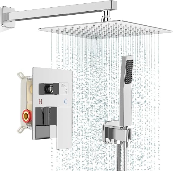 FPXRNG Shower Faucet Set with 10 Inch Polish Chrome Rain Shower Head