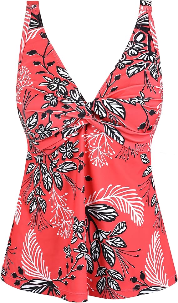 Women's Underwire Tankini Top Twist Front V Neck Push Up Swimsuit Top Flowy Bathing Suit Tops Only