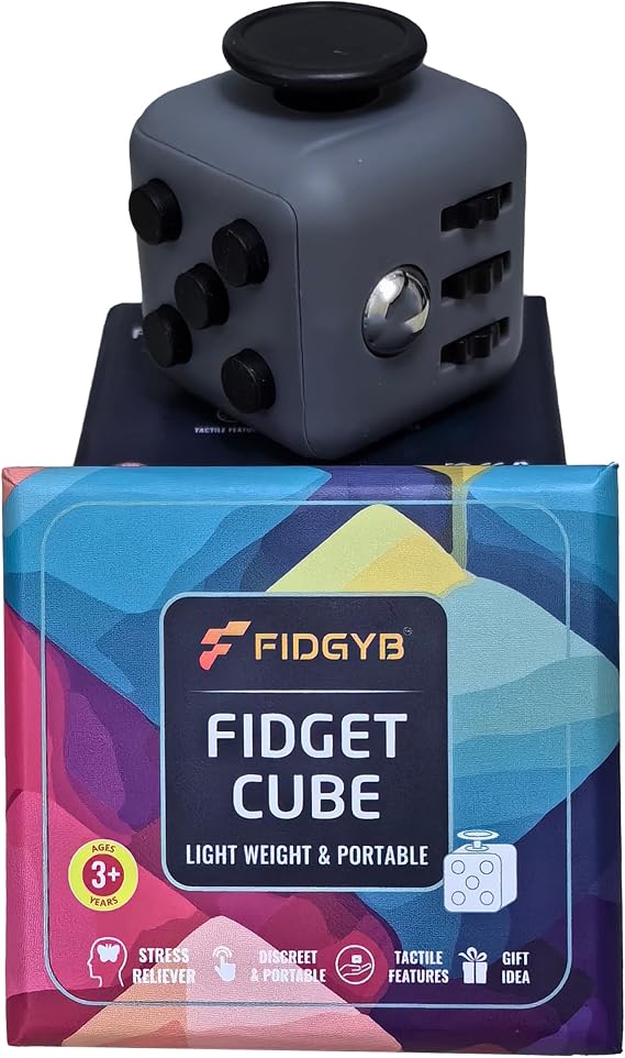 Fidget Cube Anti-Stress Cube for Adults & Children, Smooth, Quiet Sensory Toy for Anxiety, Focus & ADHD [Dark Grey Black]