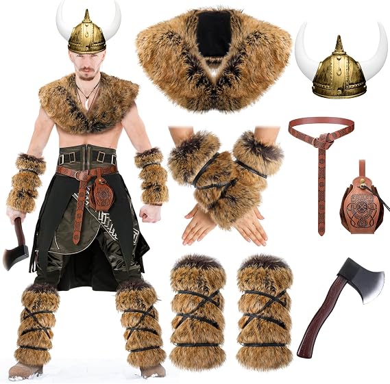 Realspring 7 Pcs Halloween Viking Costume Medieval Viking Costume Faux Fur Mantle Shoulder Helmet Adult Norse Warrior Outfit