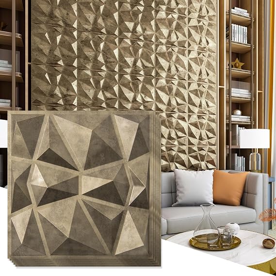 Art3d Textures 3D Wall Panels Diamond Design, 32 Sq.Ft PVC Interior Wall Decor for Living Room, Bathroom, Kitchen, Pack of 12 Tiles, 19.7 x 19.7 Inch, Antique Gold