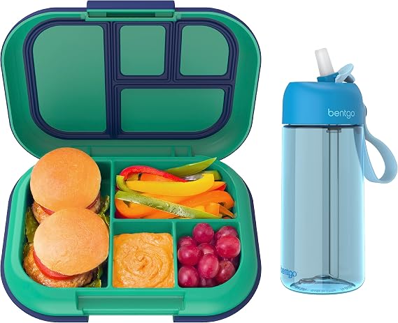 Bentgo Kids Chill Lunch Box (Green/Navy) With Kids Water Bottle - New & Improved 2023 (Blue)