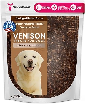 SavvyBeast Dehydrated Venison Dog Treats 100% Single Ingredient, High Protein, Grain-Free, Hypoallergenic Treats for Dogs with Allergies & Sensitive Stomachs USA Made, Small Batch 5 oz