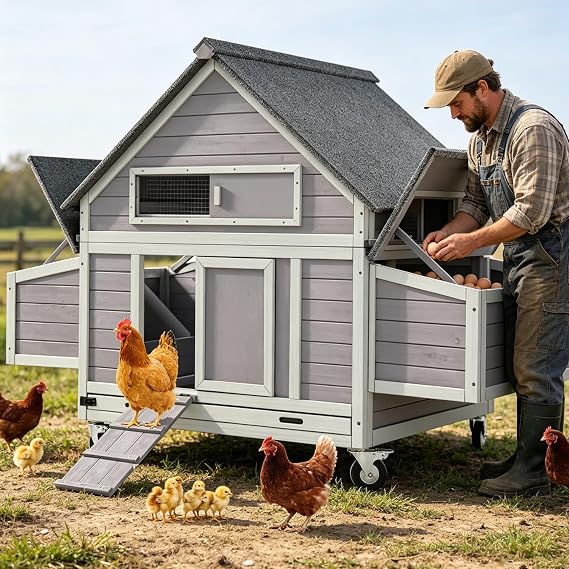 GUTINNEEN Large Chicken Coop for 4-6 Chickens, Movable Thickened Wooden Hen House on Wheels with Easy Clean Removable Tray & 2 Nesting Boxes, Extra Large Outdoor Duck Cage & Rabbit Hutch