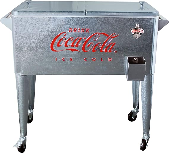Leigh Country Coca-Cola 80-Qt Galvanized Rolling Cooler, ICE Cold Retro Design, Outdoor Beverage Cooler with Bottle Opener