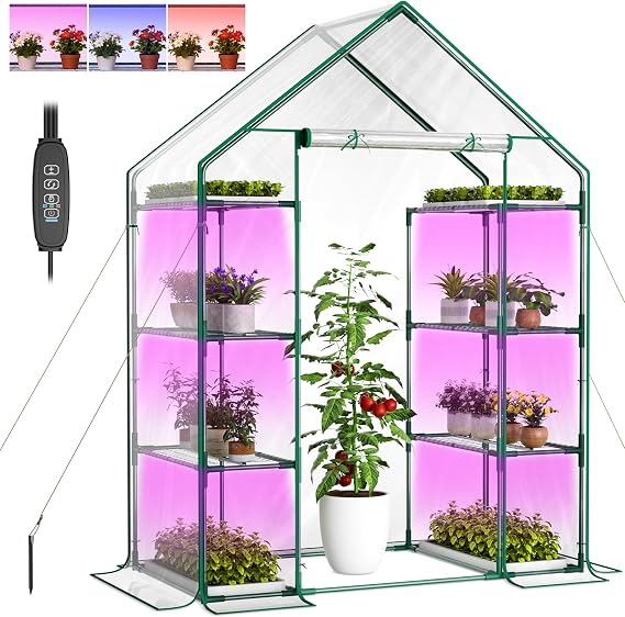 Indoor Greenhouse with Grow Light, 4-Tier Mini Greenhouse 56.3"x28.7"x76.8" Small Greenhouse with Zippered PVC Cover for Seed Starting Trays, Dimmable Plant Light for Indoor Plants with Timer