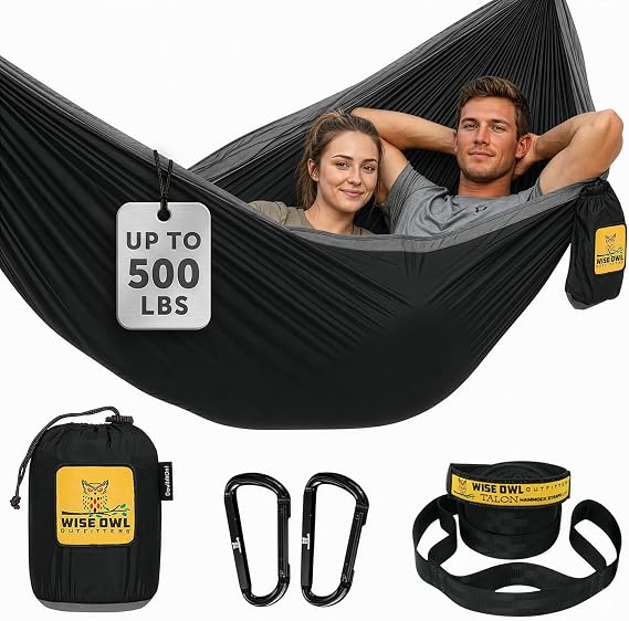 Wise Owl Outfitters Hammock for Camping Double Hammocks Gear for The Outdoors Backpacking Survival or Travel - Portable Lightweight Parachute Nylon DO Black & Grey