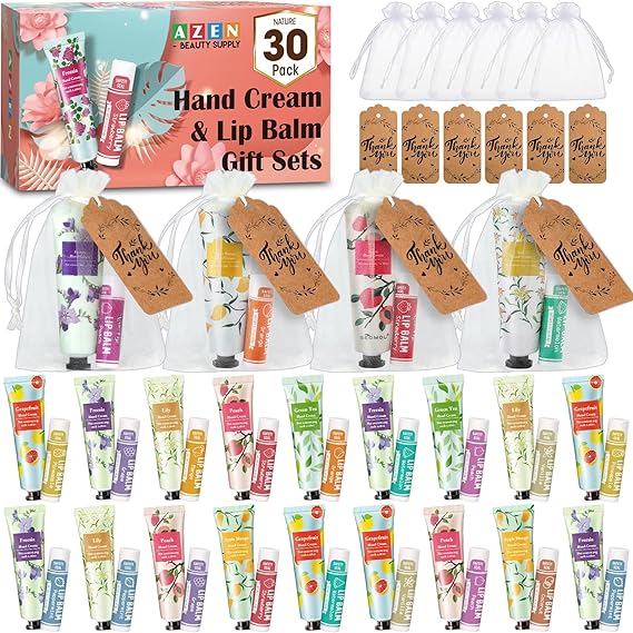 AZEN 30 Sets Bulk Gifts, Hand Cream and Lip Balm Bulk Set with Organza Bag Thank You Card, Baby Shower Wedding Gifts for Guests, Bridal Wedding Favors