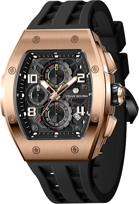 TSAR BOMBA Mens Luxury Watch Watches for Men 50M Waterproof Japanese Quartz Movement Tonneau Stainless Steel Case Sapphire Glass with Chronograph Date Function Cool Unique Fashion Gift