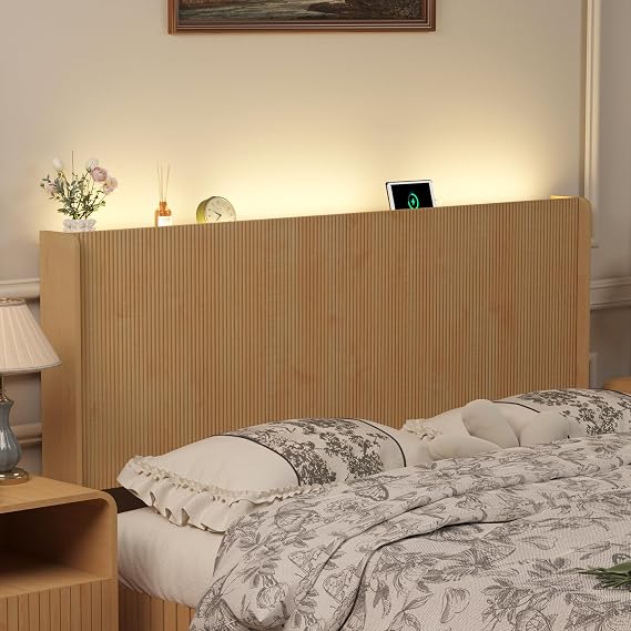 Queen Size Headboard Only, Boho Wood Head Board with Charging Station & LED Lights, Modern Fluted Wall-Mounted Bed Headboards for Bedroom, Height Adjustable, Natural