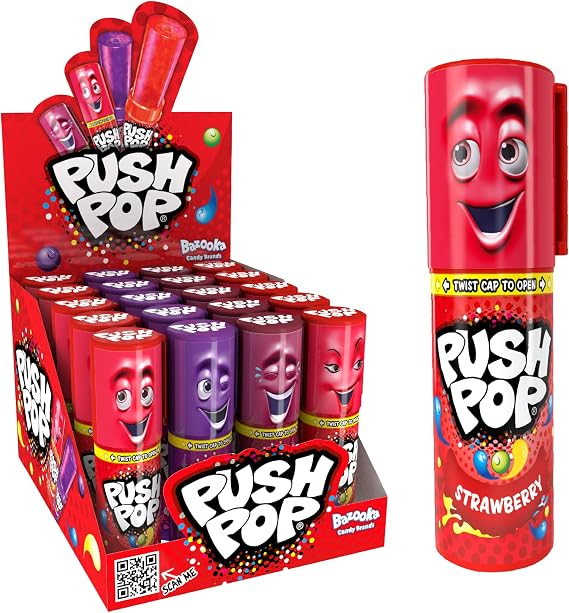 Push Pop Lollipops (Pack of 20 Lollipop Sweets Bulk) Twist Cap and Clip, Tasty Kids Sweets for Party Bags, Strawberry, Blackcurrant & Cola Lollies - Halal Candy