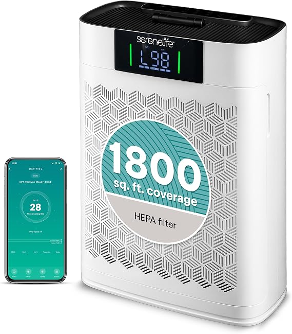 SereneLife HEPA Air Purifier for Home Smart WiFi & App Control, Ultra-Quiet Air Purifier for Bedrooms & Large Rooms, Removes Dust, Pet Hair & Odors, Ideal for Pets & Allergies (1,800 Sq Ft, White)