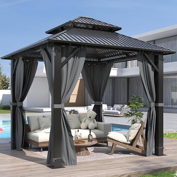 GARTOO 8x8FT Outdoor Hardtop Gazebo with Double Roof