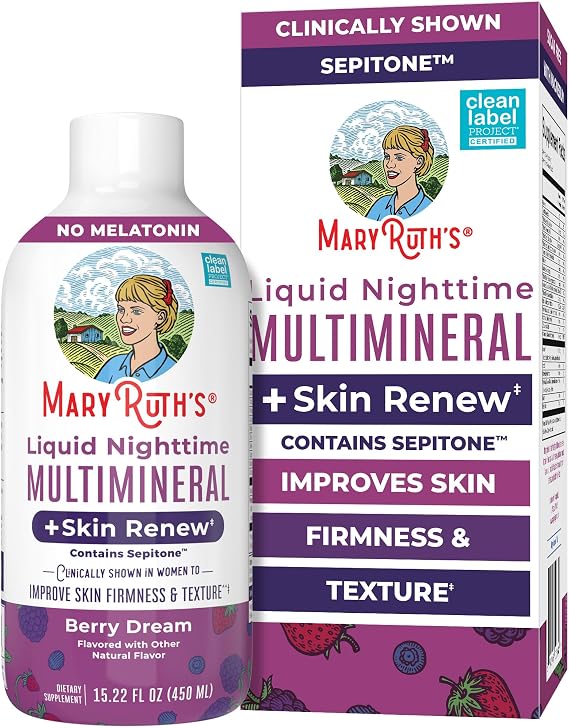 MaryRuth's Liquid Nighttime Liquid Multimineral + Skin Renew | Clinically Shown in Women to Reduce Fine Wrinkle & Improve Skin Firmness | Sepitone | NO Melatonin | Magnesium | Vegan | 15 Servings