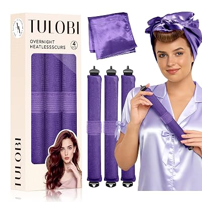 TULOBI 3 Pcs Heatless Curls Overnight - Upgraded Velvet Heatless Hair Curler with Velcro Fastener, Overnight Jumbo Blowout Rods, Hair Curlers to Sleep in for All Hair Types Purple
