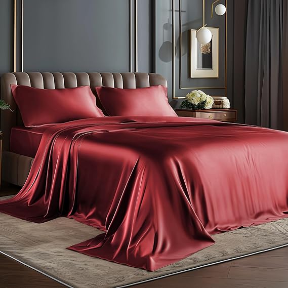 BEDELITE Satin Sheets Queen Size Bed Set, Burgundy, 4 Pieces