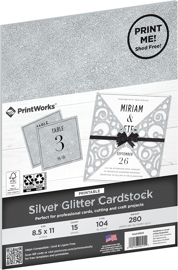 PrintWorks No-Shed Printable Silver Glitter Cardstock 8.5" x 11" - 15 Sheets - 104 lb/280 gsm Silver Glitter Paper - Sparkly Paper for School & Craft Projects - FSC Certified (00515)