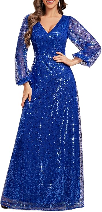 Ever Pretty Womens Elegant Formal Evening Dresses V Neck A-Line Floor Length Long Sleeves Sequin Holiday Party Dress