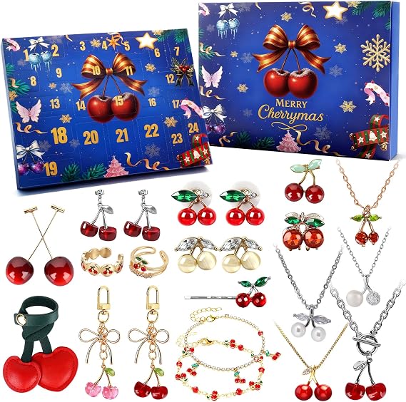Mason Life Cherry Jewellery Advent Calendar 2025, Advent Calendar 2025 Girls Kids, Christmas Countdown Luxury Jewellery Set Xmas Surprise Gifts with Bracelet Necklace Earring Ring for Women Girls