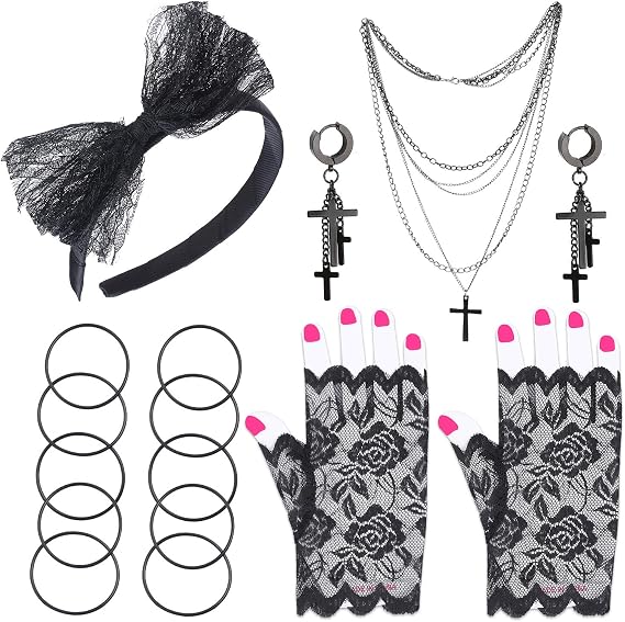 Beelittle 80s Costume Accessories Women Madonna Outfit with 1980s Fishnet Lace Gloves Bow Headband Earrings Necklace Bracelet