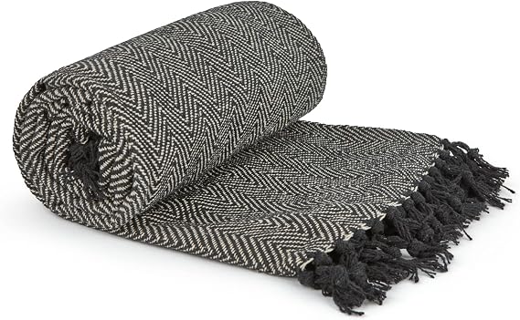 Emma Barclay Herringbone - Recycled Cotton Patterned Chair Sofa Setee Bed Throw Over Blanket in Black - 50x60 (127x152cm)
