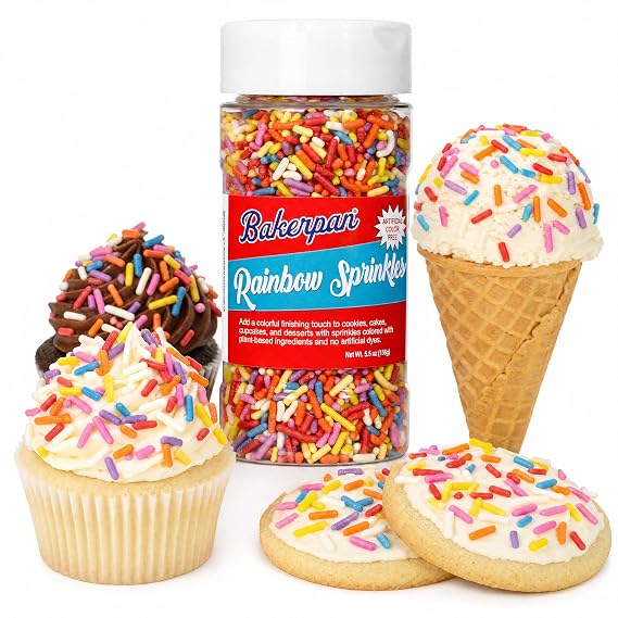Bakerpan Artificial Dye-Free Rainbow Jimmies Sprinkles, 5.5 oz | Naturally Colored, For Cake Decorating, For Cupcakes, Cookies, Donuts & Ice Cream