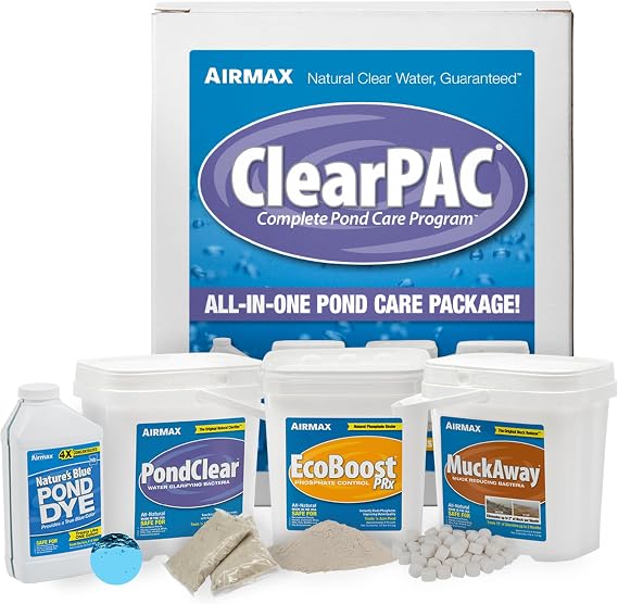 Airmax ClearPAC Plus Complete Pond Maintenance Kit, Natural Water Treatment, Live Microbe Sludge & Muck Reducer, Phosphate Control, Pond Dye - 1/4 Acre