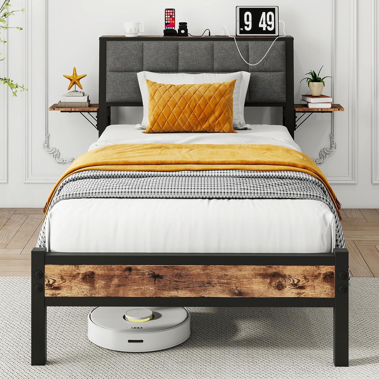 Twin Bed Frames with Storage Headboard,Charging Station,Platform Bed Frame Twin with Upholstered Headboard and Bedside Shelf,Heavy Duty Metal Slats,Underbed Storage,No Box Spring Needed,Grey