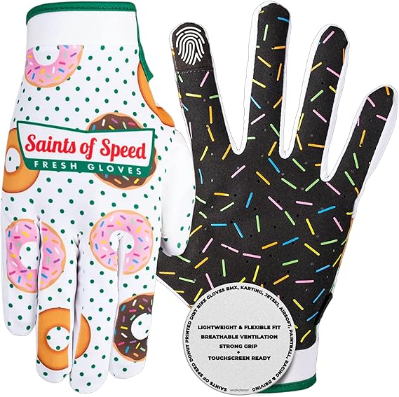 Saints of Speed Donut Printed Dirt Bike Gloves Touchscreen Bike Gloves for Motocross, Mountain Biking, BMX, Karting, Jetski, Airsoft, Paintball, Racing & Driving