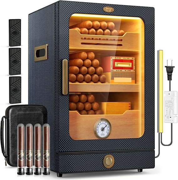 Tesonway Cigar Humidor, Desktop Cigar Humidor Cabinet Light Control System with Spanish Cedar Wood Shelves, Hygrometer, 3 Humidifiers and Cigar Accessories Drawer, for Men (Carbon Fiber)