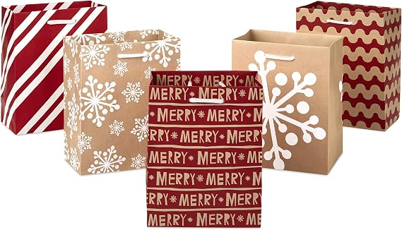 Hallmark 6" Small Holiday Gift Bag Set (Pack of 5; Red, White and Kraft) Snowflakes, Stripes, Merry (5XGB1798)