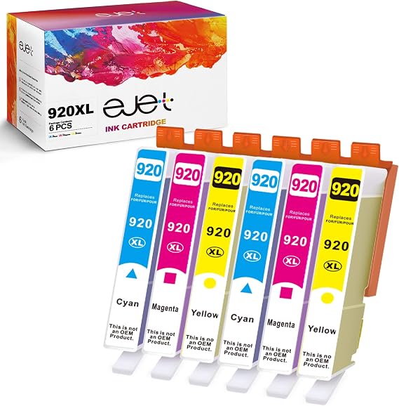 ejet Compatible Ink Cartridge Replacement for HP 920XL 920 XL to use with Officejet 6500a 6500 7500a 6000 7500 7000 E709 E710 Plus Printer (2 Cyan, 2 Magenta, 2 Yellow, 6-Pack)