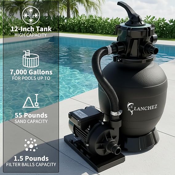 LANCHEZ 7-Way Valve Sand Filter Pump Pool Pumps Above Ground, 12in Pool Sand Filter