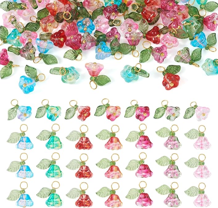 Glass Flower Charms Transparent Rose Tulips Trumpet Floral Charms Colorful Flower Crystal Charms for Bracelet Necklace Earring Jewelry Making