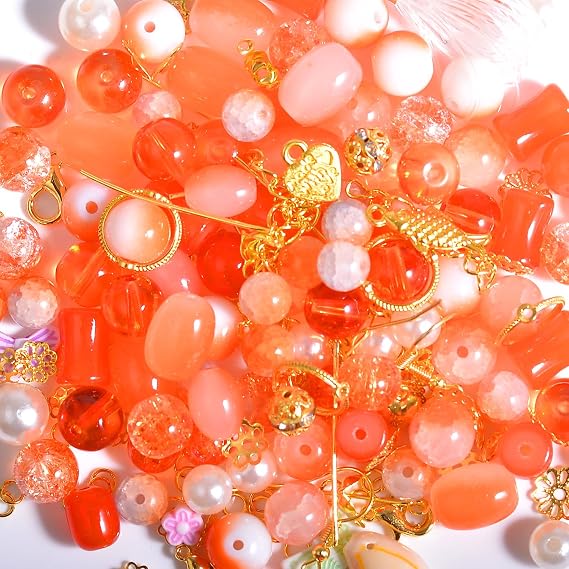 120g Random Glass Beads Kit for Jewelry Making, 6-10mm Round Crystal Glass Beads for Bracelet Making (Deep Orange)