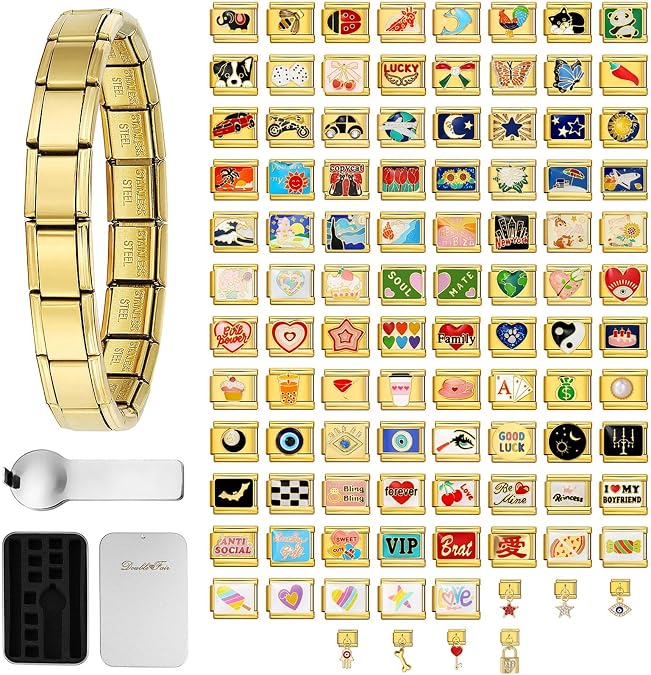 Custom Italian Charm Bracelet Links - Pick 10 of 80 Styles - 316L Stainless Steel, 9x10mm - Zodiac, Animals, Emojis, Flags, Birthstones - Waterproof, Hypoallergenic
