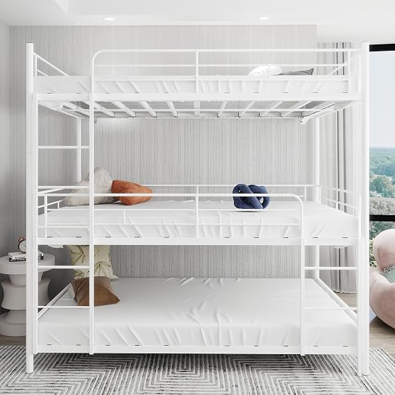 Bellemave Twin Triple Bunk Bed for 3, bunk Bed for 3 Person, 3 bunk beds for Kids/Teenagers/Adults, White with Built-in Ladder