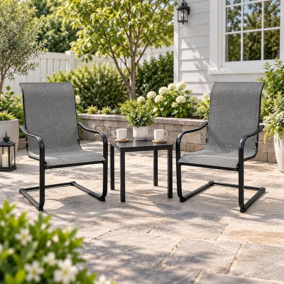 Kozyard C-Spring Patio Chairs Set of 2 High Back Dining Chairs Breathable Textilene Fabric Sturdy Metal Frame for Backyard, Lawn, Deck (Gray)