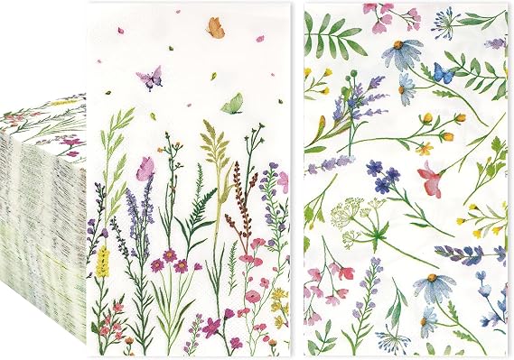 Floral Paper Napkins, Wildflower Dinner & Guest Napkins, 100 Pack | Decorative wildflower napkins for weddings, parties, guest bathrooms, spring gatherings and everyday entertaining