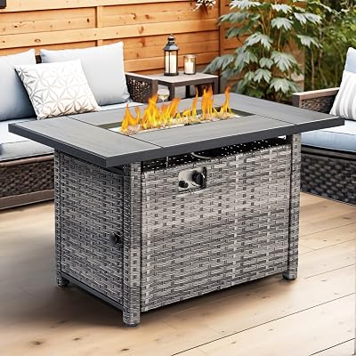 OVIOS 42 Inch Outdoor Patio Fire Pit Table, 50,000 BTU Heater PE Rattan Propane Firepits with Ceramic Tabletop, Waterproof Cover, Steel Lid and Lava Rock, Rectangular, Grey