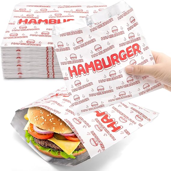 ZENFUN 200 Pack Hamburger Wrappers, Foil Hamburger Sleeves, Grease Resistant Hamburger Bags Bulk, BPA Free Cheeseburgers Wrappers for Snack Bars, Food Truck, Take Out, Concession Stand, Christmas