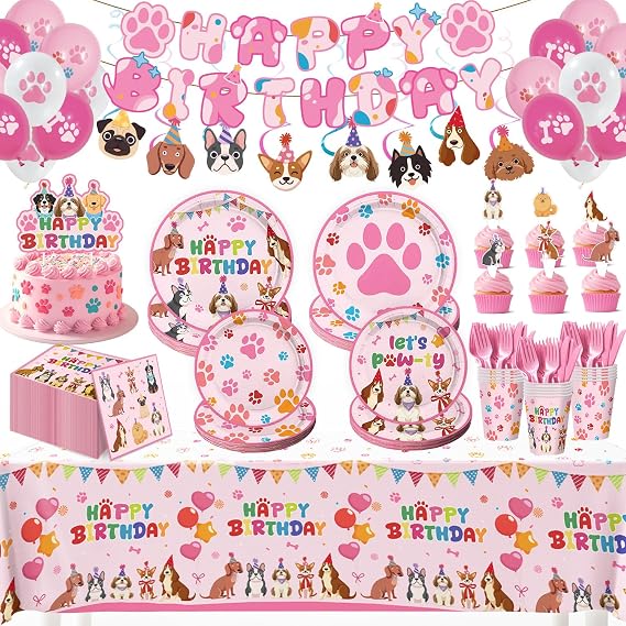 197 Pcs Dog Paper Plates and Napkins Tableware Set (Serve 24), Dog Birthday Party Decorations Include Plates Napkins Forks Knifes Pink Dog Theme Tablecloth for Girls Birthday Party